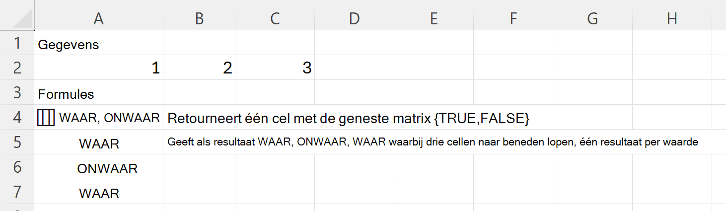 HAS geeft als resultaat WAAR en ONWAAR in één cel met geneste matrix en drie cellen naar beneden WAAR, ONWAAR, WAAR