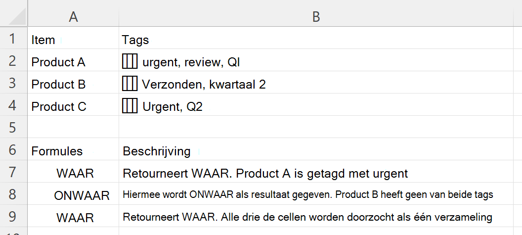 HASANY gebruiken om te controleren of een cel met een geneste matrix van tags een van de gekozen tags bevat