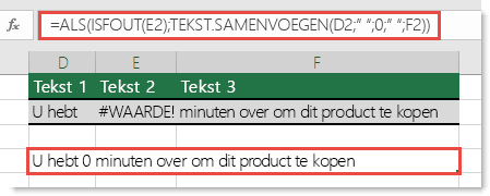 De functies ALS en ISFOUT als tijdelijke oplossing voor het samenvoegen van een tekenreeks met de fout #WAARDE!