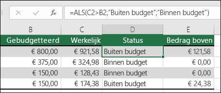 Formule in cel D2 is =ALS(C2>; B2; Budget overschreden; Binnen budget)