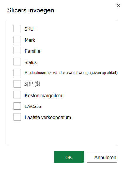 Schermafbeelding van de opties voor Slicer invoegen.