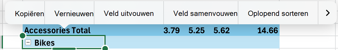 U kunt een draaitabelveld op een iPad uit- of samenvouwen via het snelmenu.