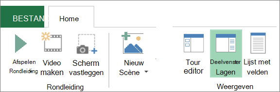 Schermafbeelding met de knop Deelvenster Lagen op het tabblad Start van Power Map.