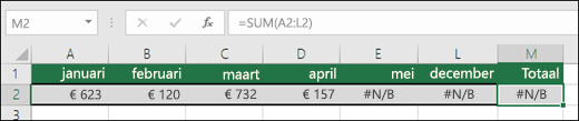 Voorbeeld van #N/A die is ingevoerd in cellen, waardoor een SOM-formule niet correct kan worden berekend.