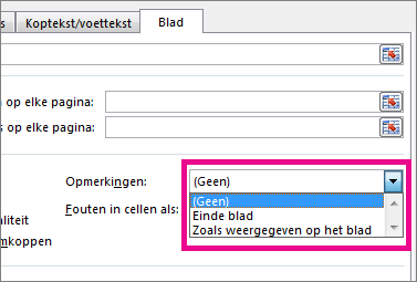 Kies een optie onder Opmerkingen op het tabblad Blad