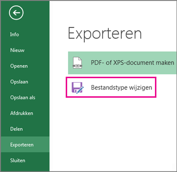 Bestandstype wijzigen op het tabblad Exporteren