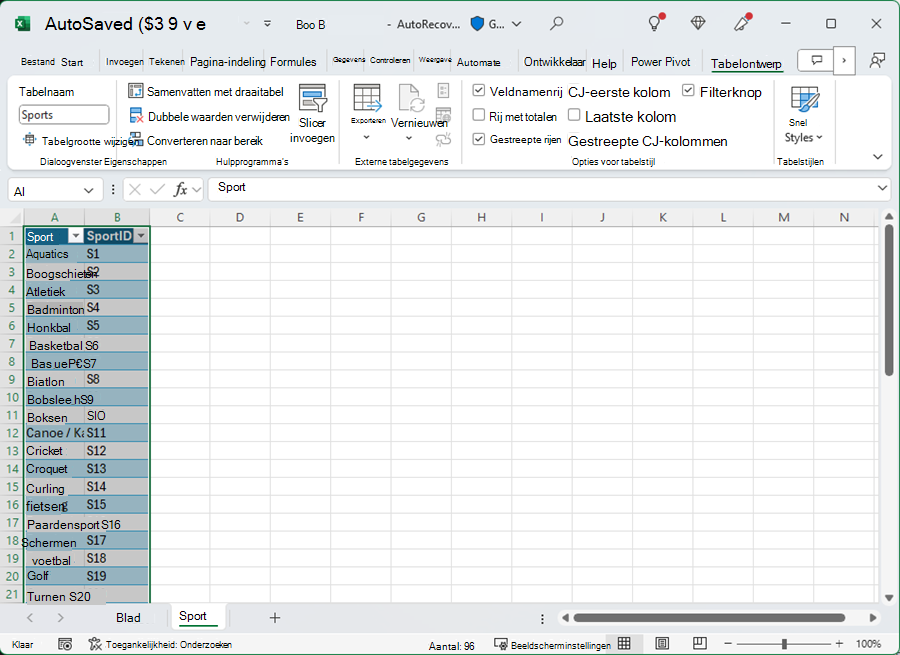 Een tabel een naam geven in Excel