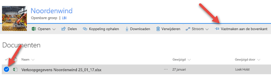 Selecteer het bestand en klik op Bovenaan vastmaken om het makkelijk te kunnen openen in de documentbibliotheek
