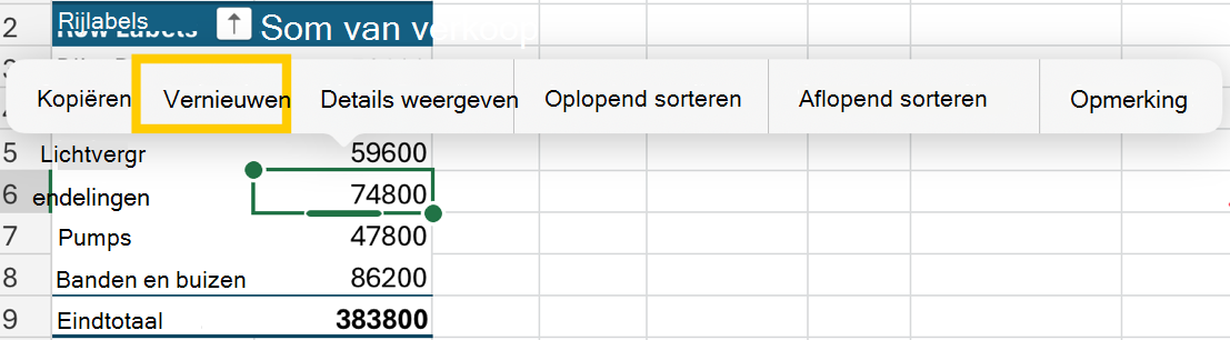 Vernieuw de draaitabel vanuit het contextmenu op de iPad.