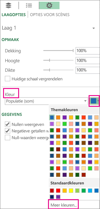 Vervolgkeuzelijst Kleur op het tabblad Instellingen voor laagopties