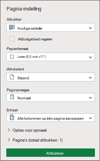 Huidige selectie afdrukken in webversie van Excel