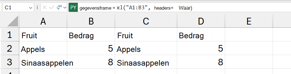 De DataFrame-inhoud die wordt geretourneerd als Excel-waarden.