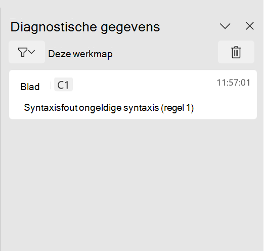 Het taakvenster Python in Excel Diagnostics, met een syntaxisfout.