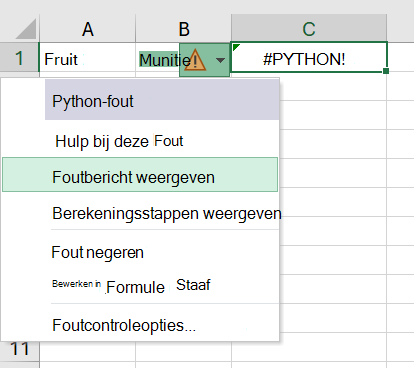 Er is een fout opgetreden in een Python-cel in Excel, waarbij het foutmenu is geopend.