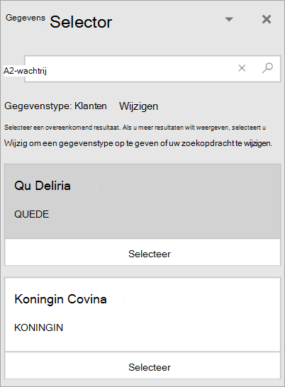 Schermafbeelding van het deelvenster Gegevenskiezer.