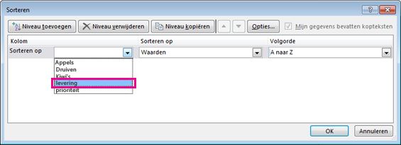 Sorteren op de kolom Levering