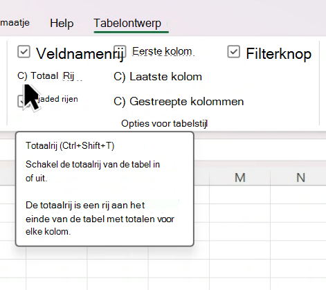 Cursor die het selectievakje Totale rij aanwijst in het menu Tabelontwerp