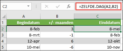 Gebruik ZELFDE.DAG om maanden bij een datum op te tellen of ervan af te trekken. In dit geval =ZELFDE.DAG(A2;B2), waarbij A2 een datum is en B2 het aantal maanden heeft dat moet worden opgeteld of afgetrokken.