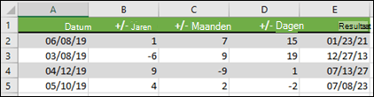 Gebruik de functie DATUM om jaren, maanden of dagen op te tellen bij of af te trekken van een datum.