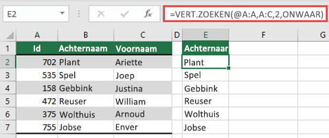 Gebruik de operator @ en kopieer naar beneden: =VERT.ZOEKEN(@A:A;A:C;2;ONWAAR). Deze verwijzingsstijl werkt in tabellen, maar retourneert geen dynamische matrix.
