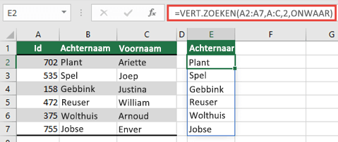 Gebruik =VERT.ZOEKEN(A2:A7;A:C;2;ONWAAR) om een dynamische matrix te retourneren die niet resulteert in een #SPILL! Fout.