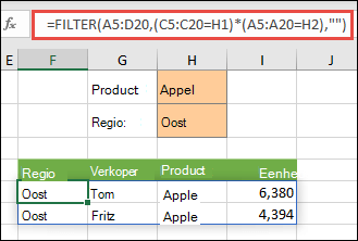 FILTER gebruiken met de operator voor vermenigvuldigen (*) om alle waarden in het matrixbereik (A5:D20) terug te geven die zowel Apples zijn en zich bevinden in de oostelijke regio.