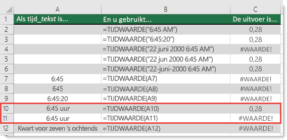 Uitvoer van verschillende TIJDWAARDE-functies