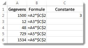 Getallen in A, formule in kolom B met $-tekens en het getal 3 in kolom C