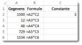 Gegevens in kolom A, formules in kolom B en het getal 3 in cel C2