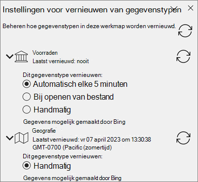 Het deelvenster Instellingen vernieuwen voor gegevenstypen.