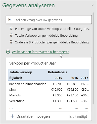 Het deelvenster Gegevens analyseren met de koppeling om op te geven welke velden moeten worden gebruikt.