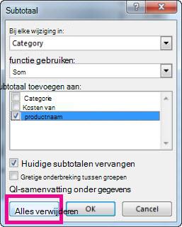 Optie Alles verwijderen in het vak Subtotalen