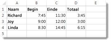 Verstreken tijd in kolom D