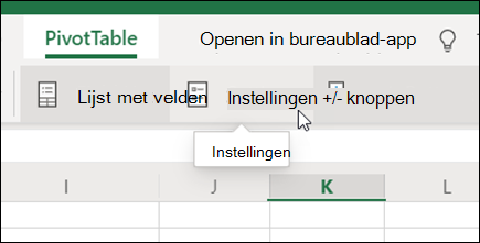 De knop instellingen op het tabblad Draaitabel in de webversie van Excel