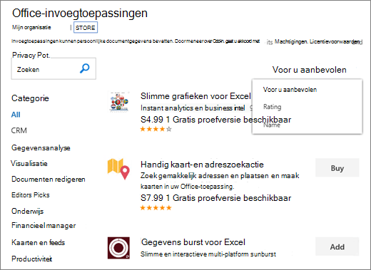 Schermopname van de sectie Store van de pagina Office-invoegtoepassingen, waar u naar een invoegtoepassing kunt bladeren op basis van de classificatie, naam of de optie Voorgesteld voor u kunt gebruiken. U kunt ook het zoekvak gebruiken om een invoegtoepassing te zoeken.