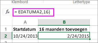 De formule ZELFDE.DAG gebruiken om maanden op te tellen bij een datum