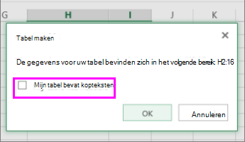 Dialoogvenster voor het converteren van een gegevensbereik in een tabel