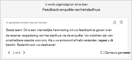 Copilot genereert automatisch een voorgestelde uitnodigingstekst. U kunt de tekst hier bewerken of Herschrijven met Copilot selecteren om deze te vragen een nieuwe versie te genereren.