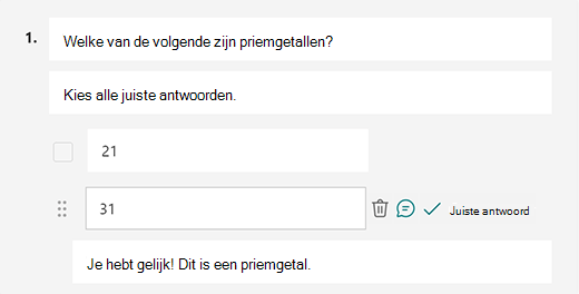 Aangepast bericht over correct antwoord in Microsoft Forms