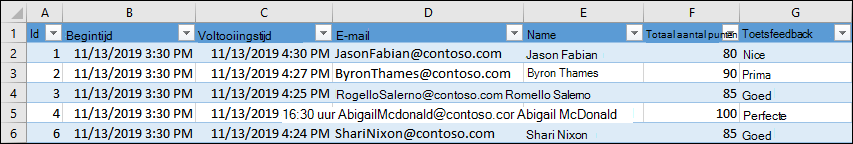 Excel-werkmap met toetsresultaten
