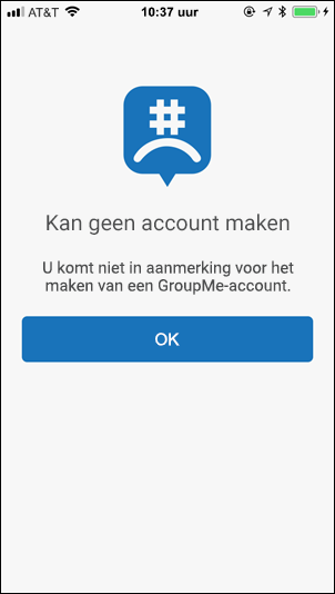Het scherm Kan geen account (verjaardag) maken in GroupMe