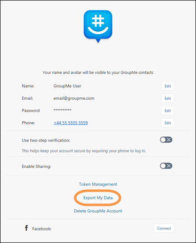 Het GroupMe-profiel met Mijn gegevens exporteren gemarkeerd