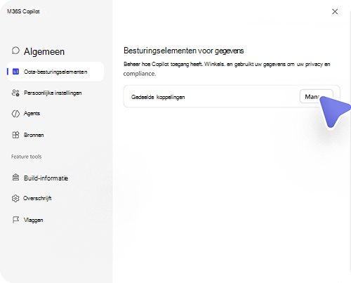Instellingen voor Copilot-gegevensbeheer met de optie Gedeelde koppelingen met de knop Beheren gemarkeerd.