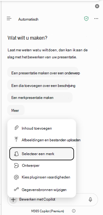 Schermopname van het merkinvoerpunt selecteren in PowerPoint Copilot.