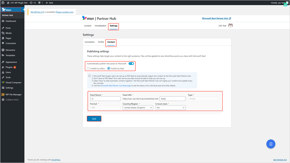Instellingen voor WordPress-feed