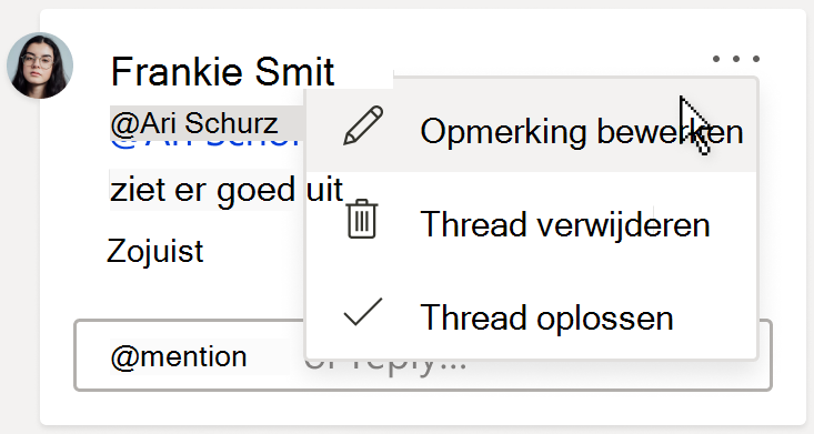 Een afbeelding van een opmerkingenkaart met de optie Opmerking bewerken. De optie bevindt zich onder het vervolgkeuzemenu Meer threadacties, dat u in de rechterbovenhoek van de opmerking kunt vinden.