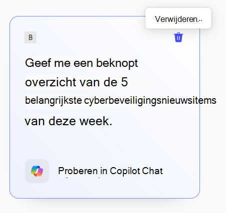 Een opgeslagen prompt in Copilot-promptgalerie met de knop Verwijderen in de rechterbovenhoek geselecteerd.