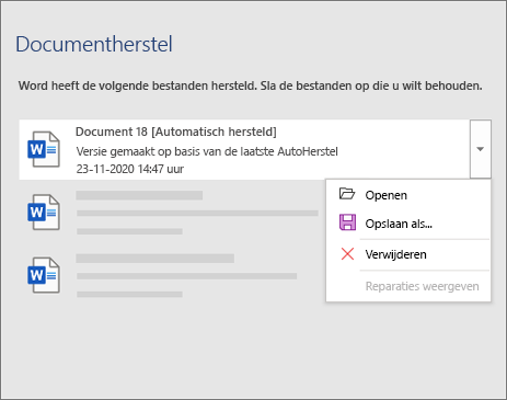 Automatisch hersteld bestand weergegeven in het taakvenster Documenten herstellen