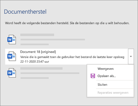 Een origineel document dat voor het laatst is opgeslagen door de gebruiker weergegeven in het taakvenster Documenten herstellen