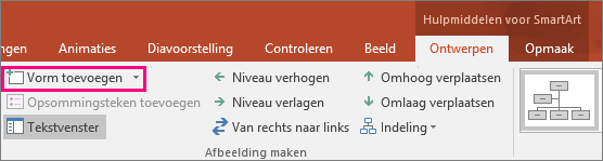 Geeft de knop Vorm toevoegen weer in Hulpmiddelen voor SmartArt